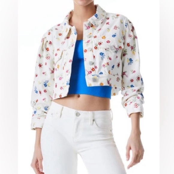 Alice + Olivia Off White Multi Renee Embroidered Cropped Denim Jacket XS NWOT - Picture 1 of 11
